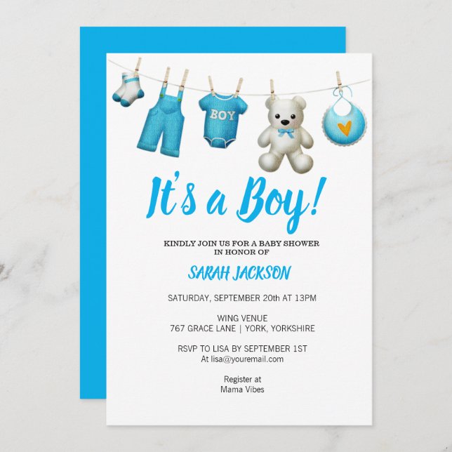 Modern Blue Laundry It’s a Boy Baby Shower Invitation (Front/Back)