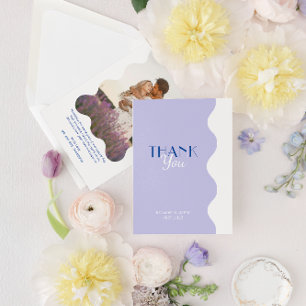 Modern Blue Lavender Wave Border Photo Wedding Thank You Card