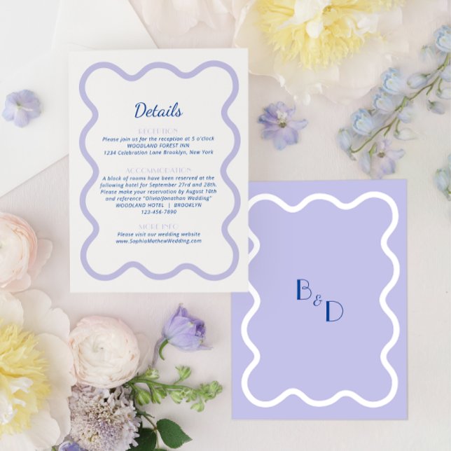 Modern Blue Lavender Wave Scallop Monogram Details Enclosure Card (Creator Uploaded)