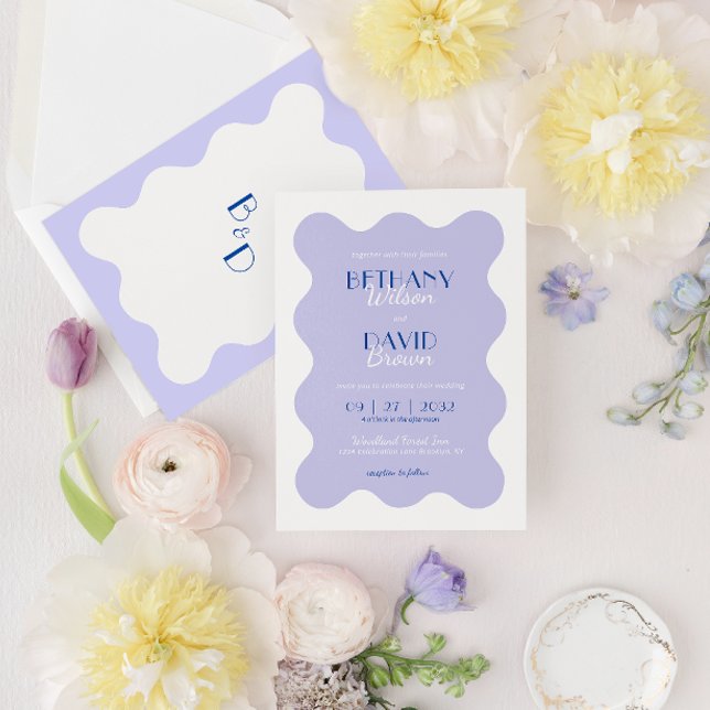 Modern Blue Lavender Wave Scallop Monogram Wedding Invitation (Creator Uploaded)