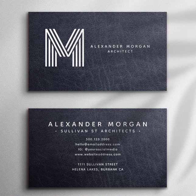 Modern Blue Leather Trendy Monogram Business Card (Creator Uploaded)