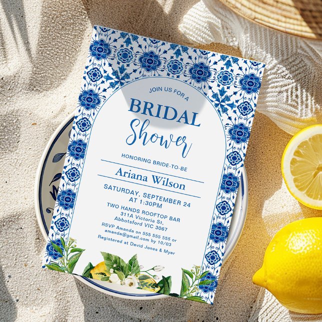 Modern Blue Lemon Tile Bridal Shower Invitation (Mediterranean Blue Tile Lemon Bridal Shower Invitation Template, Italian Positano Bridal Shower )