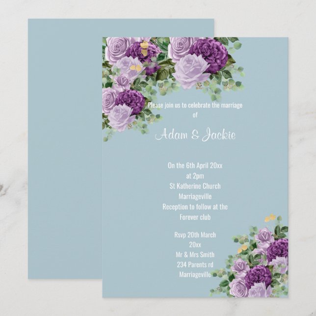 Modern Blue Lilac Purple floral ELEGANT WEDDING Invitation (Front/Back)