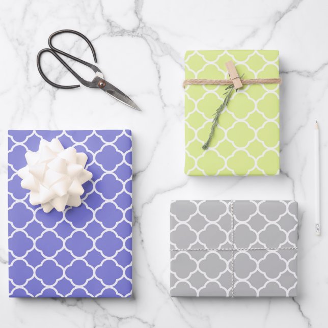 Modern Blue, Lime Green, Grey Geometric Quatrefoil Wrapping Paper Sheet (Front)
