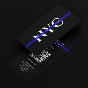 Modern Blue Line Law Police Stripe Monogram Black Business Card