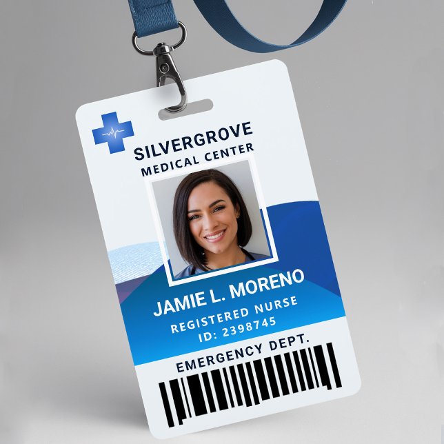 Modern Blue Logo Clinic Hospital Photo Nurse ID ID Badge (nurse id badge template hospital clinic medical center office clinic blue logo photo bar code)