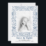 Modern Blue Love & Light Hanukkah Photo Holiday Card<br><div class="desc">A modern Hanukkah photo card design, featuring a hand-illustrated border made with foliage and chestnuts and a bold header that reads "love & light" in a beautiful light navy blue colour. Personalise with your family name and favourite picture. The image has a black and white filter that can be removed...</div>