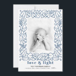 Modern Blue Love & Light Hanukkah Photo Holiday Card<br><div class="desc">A modern Hanukkah photo card design, featuring a hand-illustrated border made with foliage and chestnuts and a bold header that reads "love & light" in a beautiful light navy blue colour. Personalise with your family name and favourite picture. The image has a black and white filter that can be removed...</div>