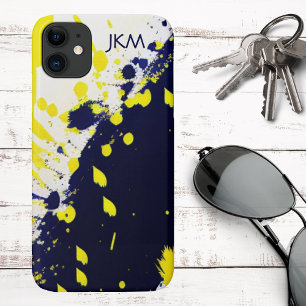 Modern Blue & Maize Paint Splatter Monogram iPhone 11 Case