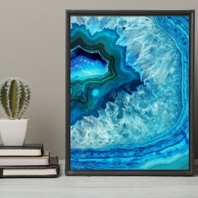 Modern Blue Marble Agate Poster (Cute Trendy Bright Blue Turquoise Crystal Geode Poster)