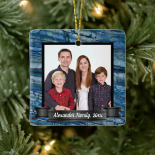 Modern Blue Marble Custom Photo Ceramic Ornament