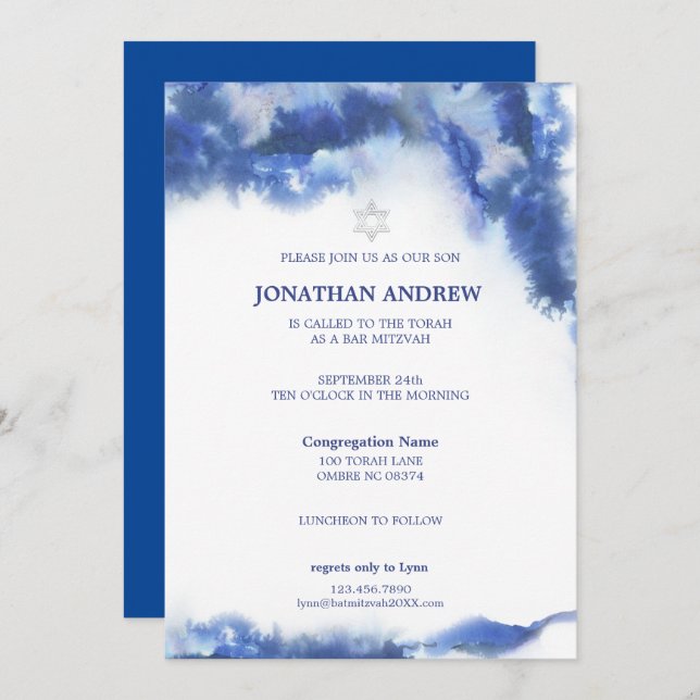 Modern Blue Marble Ocean Ombre Bar Mitzvah Invitation (Front/Back)