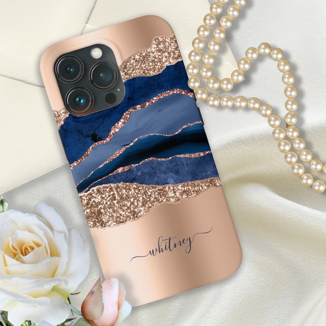 Modern Blue Marble Rose Gold Glitter Case-Mate iPhone Case (Creator Uploaded)