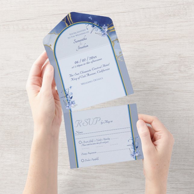 Modern Blue Marble Wedding Invitation (Tearaway)