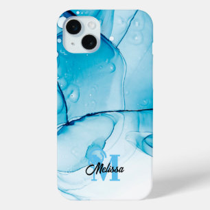 Modern Blue Marbled monogram iPhone 15 Mini Case