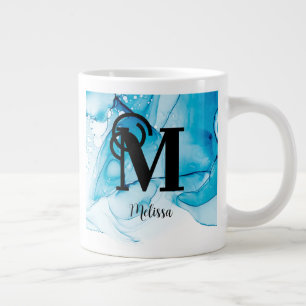 Modern Blue Marbled Monogram Large Coffee Mug