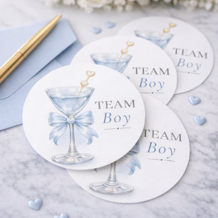 Modern Blue Martini Theme Gender Reveal Team Boy Classic Round Sticker