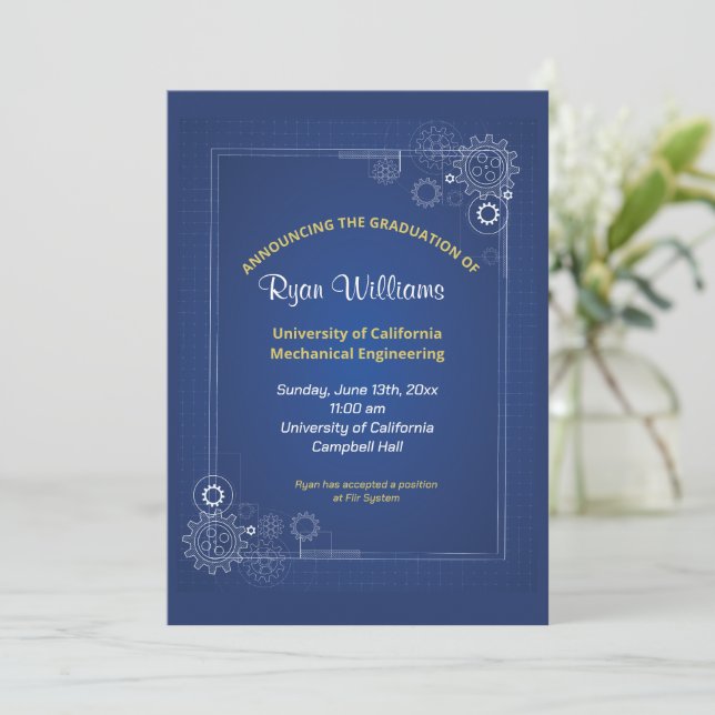 Modern Blue Mechanical Engineer Graduation Party  Invitation (Standing Front)