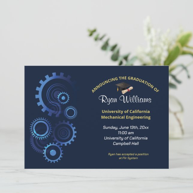 Modern Blue Mechanical Engineer Graduation Party Invitation (Standing Front)