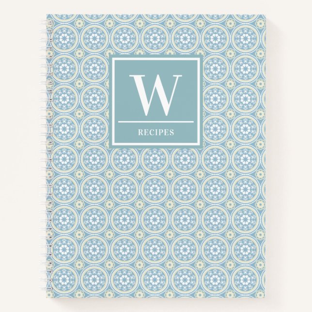 Modern Blue Medallion Monogram Kitchen Recipe Notebook (Front)
