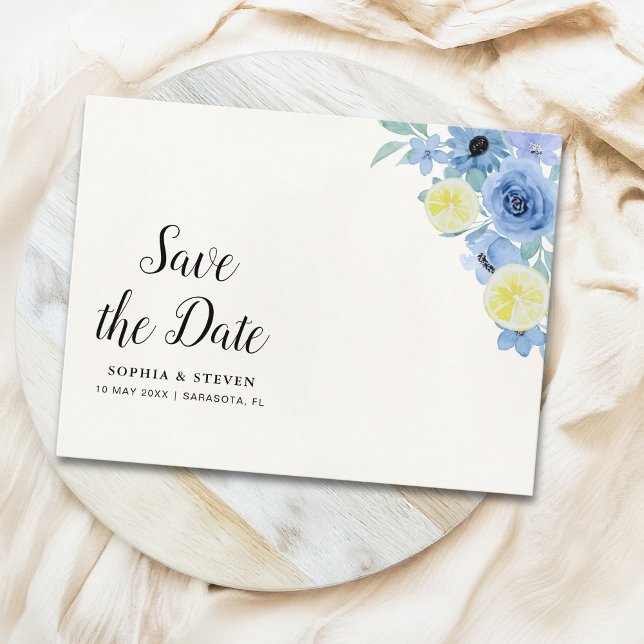 Modern Blue Mediterranean Lemon Wedding Postcard (Creator Uploaded)