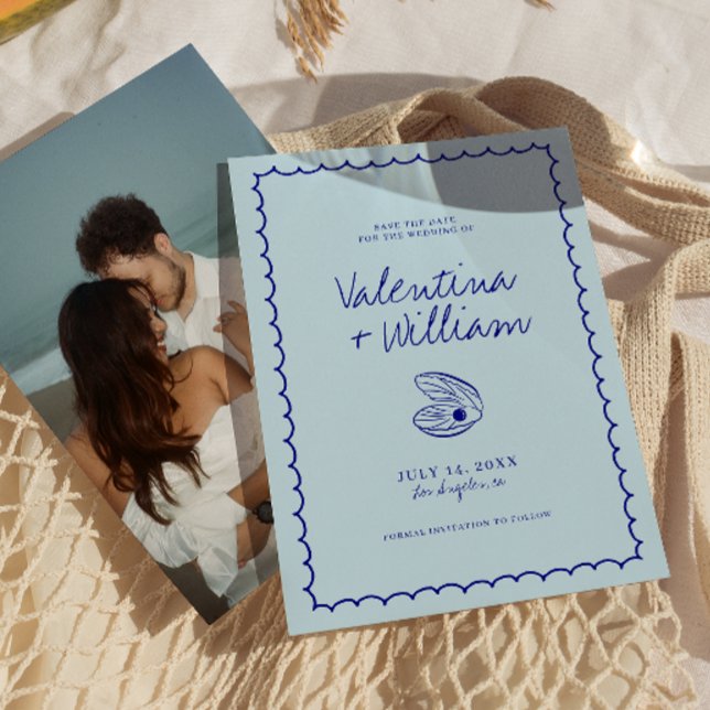 Modern Blue Mediterranean Shell Save The Date Invitation (Creator Uploaded)