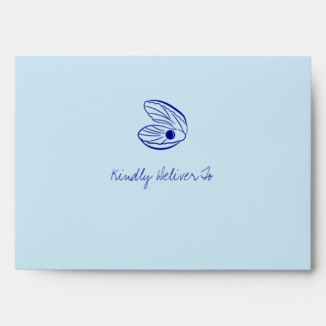 Modern Blue Mediterranean Shell Wedding Envelope (Front)