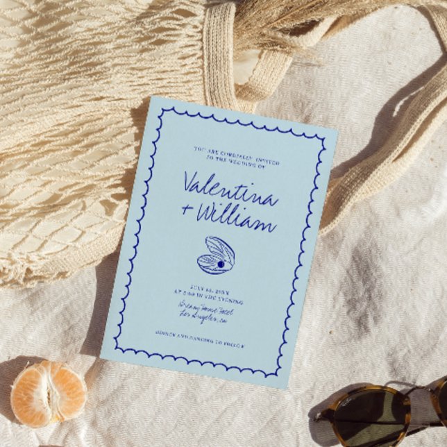 Modern Blue Mediterranean Shell Wedding Invitation (Creator Uploaded)