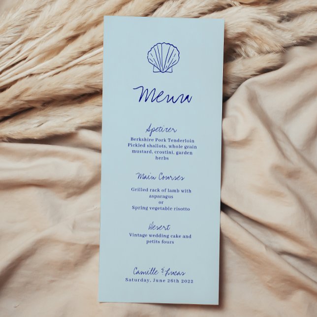 Modern Blue Mediterranean Shell Wedding Menu (Creator Uploaded)