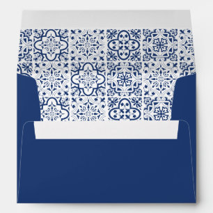 Modern Blue Mediterranean Tile Pattern Wedding Envelope