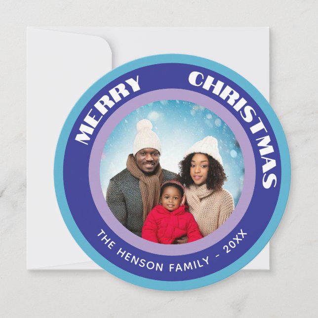 Modern Blue Merry Christmas Family Photo Holiday Card (Front)