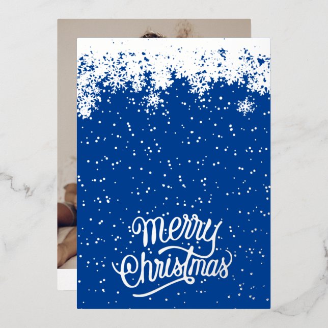 Modern Blue Merry Christmas Photo Family Foil Holiday Card (Front/Back)