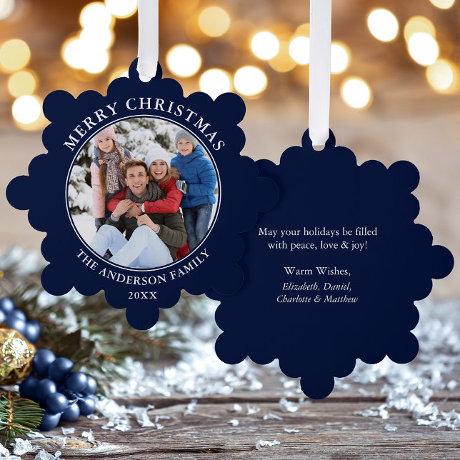 Modern Blue Merry Christmas Photo Tree Decoration Card (A greeting card that is also an ornament! Customize with your photo and personalized text.)