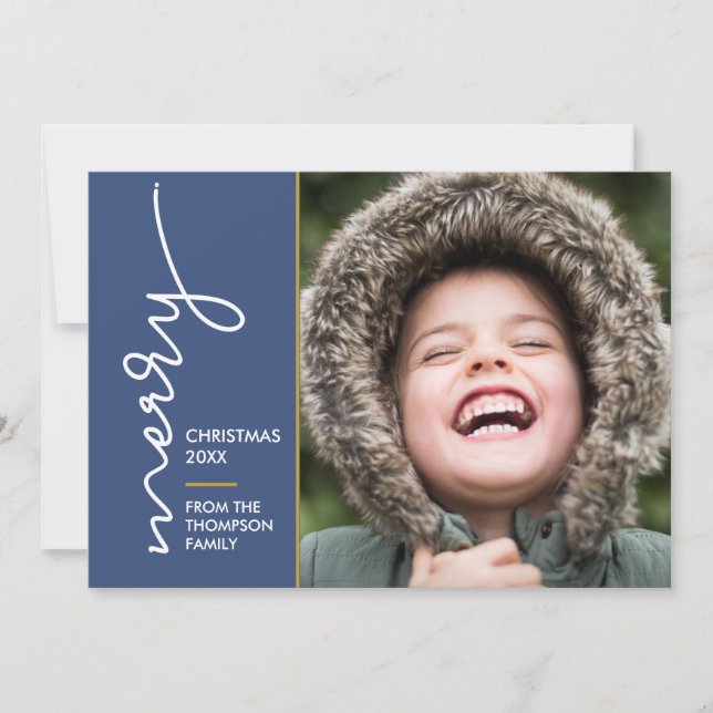 Modern blue Merry Christmas Script Photo Card (Front)