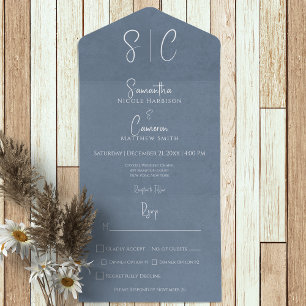 Modern Blue Minimal Monogram Dinner All In One Invitation