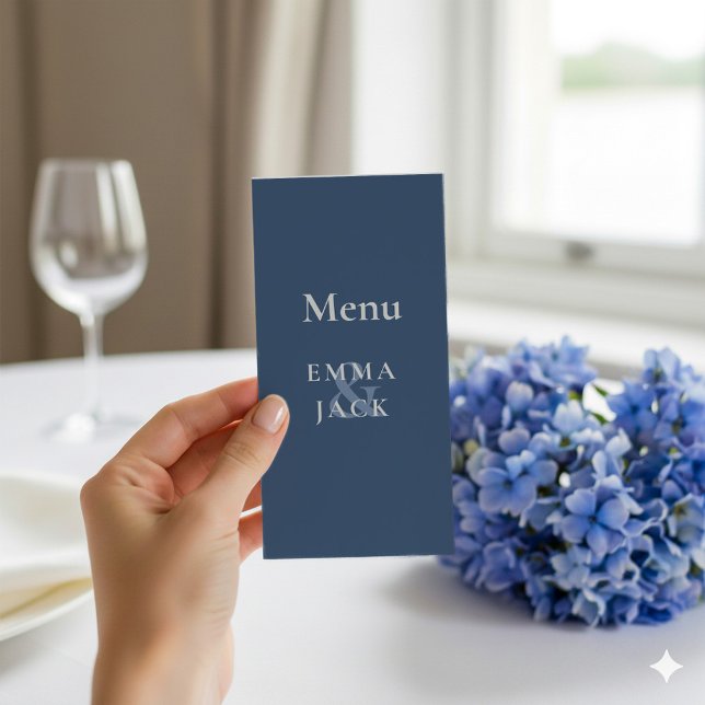 Modern Blue Minimalist Elegant Serif wedding Menu (Modern blue wedding menu with bride and groom names with ampersand.)