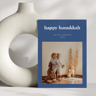 Modern Blue Minimalist Hanukkah Family Photo Holiday Card
