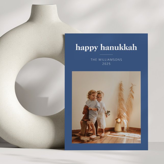 Modern Blue Minimalist Hanukkah Family Photo Holiday Card (Creator Uploaded)