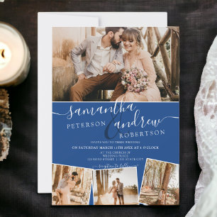 Modern blue minimalist script 5 photos wedding invitation