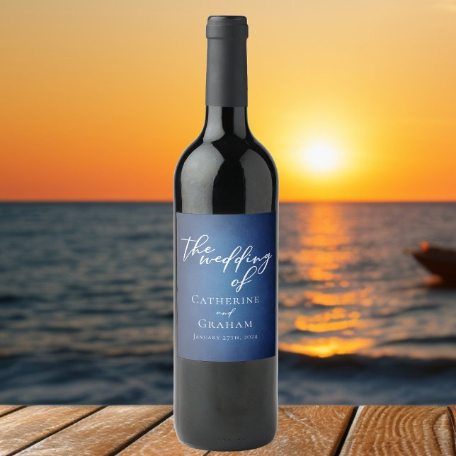 Modern Blue Minimalist Waterfront Evening Wedding Wine Label (Creator Uploaded)