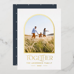 Modern blue modern minimal arch photo together foil holiday card