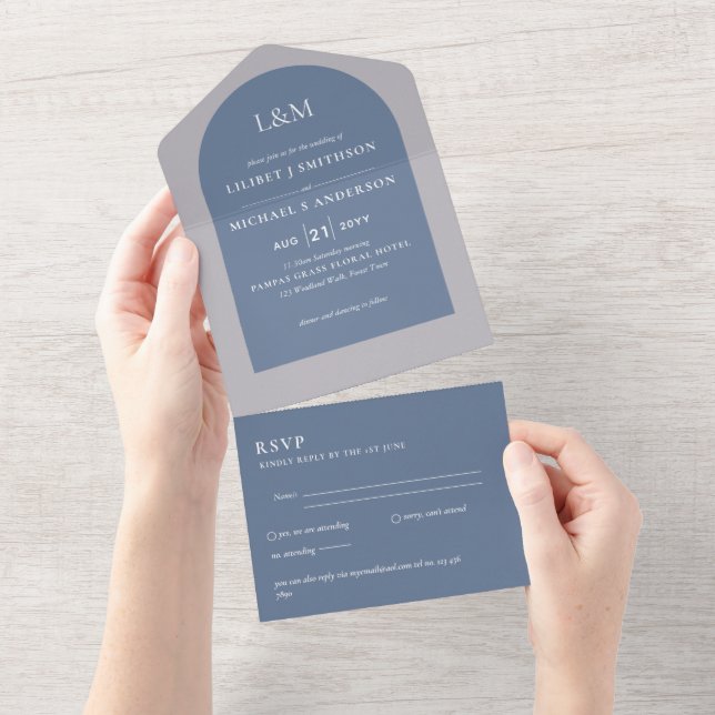 Modern Blue Monochrome Text only Wedding All In One Invitation (Tearaway)