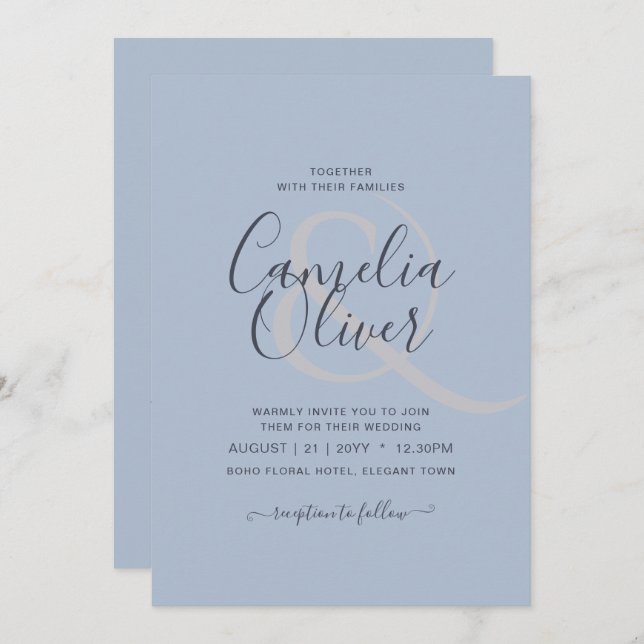 Modern Blue Monochrome Text only Wedding Invitation (Front/Back)