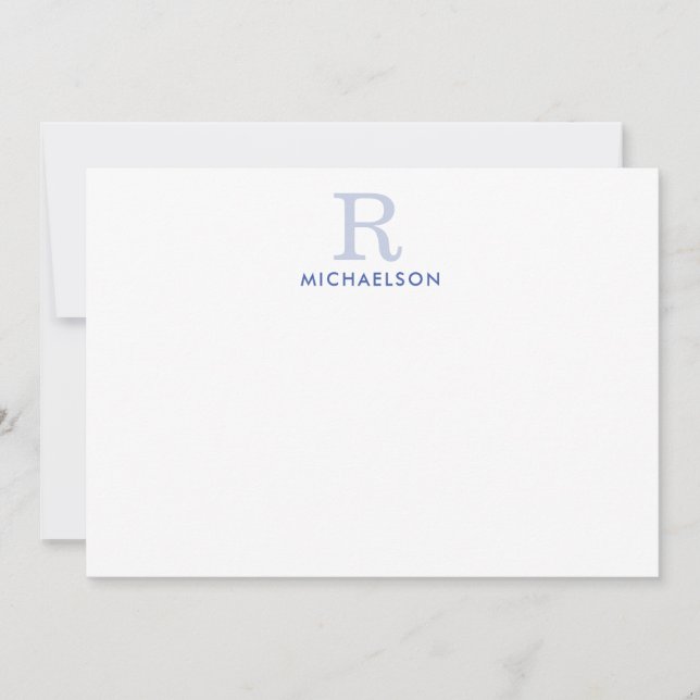 Modern Blue Monogram Correspondence Flat Note Card (Front)