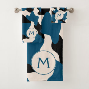 Modern Blue Monogram Cow Print Bath Towel Set
