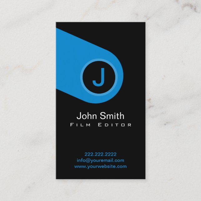 Modern Blue Monogram Film Editor Business Card (Front)