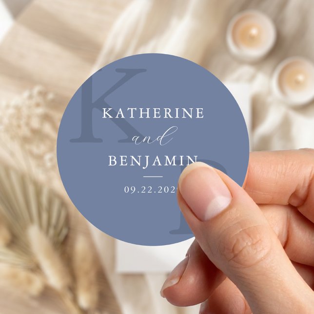 Modern Blue Monogram Minimalist Wedding Classic Round Sticker (Creator Uploaded)