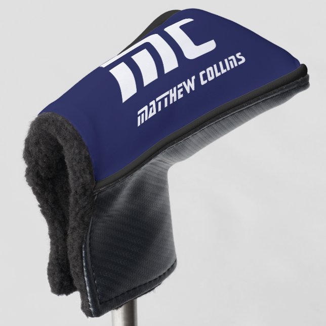 Modern Blue Monogram Minimalist White Name Simple Golf Head Cover (3/4 Front)