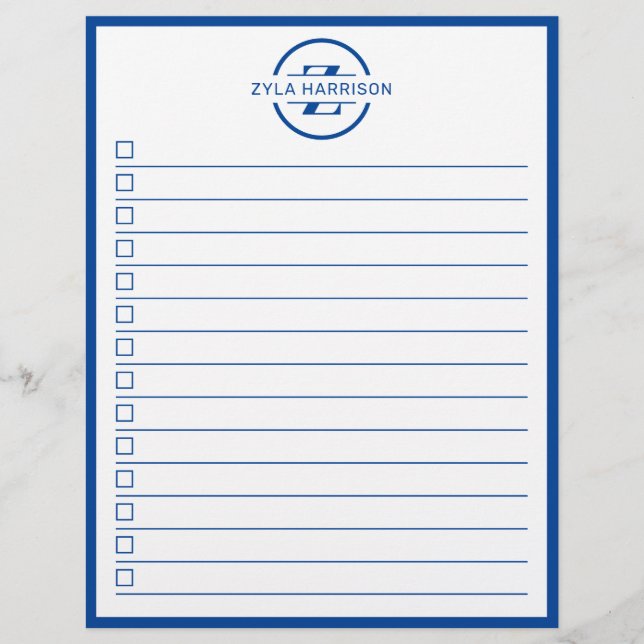 Modern Blue Monogram Name To Do List Flyer (Front)