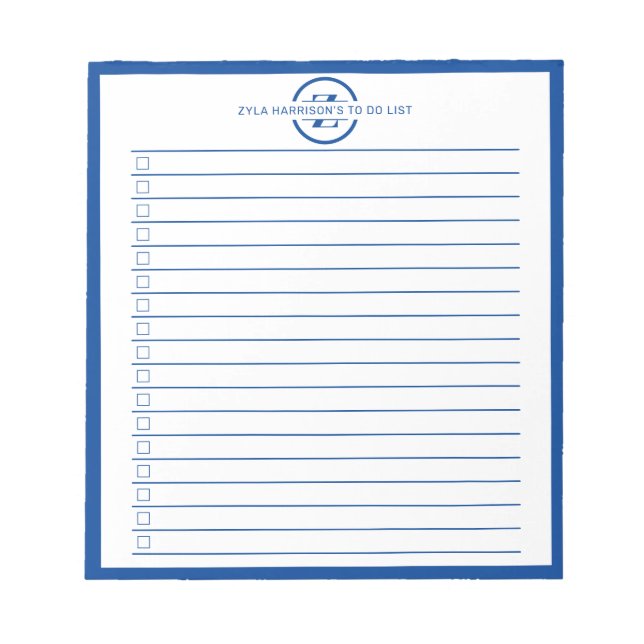 Modern Blue Monogram Name To Do List Notepad (Front)